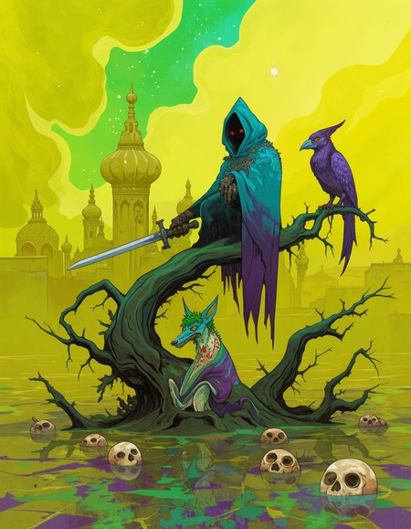jreb, hooded figure with shadow face and glowing red eyes holding sword pointing down wearing blue and purple pointed cape decaying perched on a gnarled tree branch with a crazy psychedelic dog with green hair a blue face orange eyes and long ears, two purple birds perched on the tree, yellow haze with green nebula sky and star twinkle, arabic citadel in background, skulls floating in the yellow green purple shattered water
