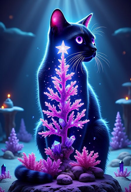 double exposure effect of (((cat silhouette))) , through cat silhouette we see image of underwater sparkling amethyst crystals coral reef shaped xmas tree glowing bright, water is violet color, straight lines and solids, (((warm colors))), green, intricate details, a vibrant digital illustration, dribbble, quantum wavetracing, behance hd, vivid colors, flat color, 2D, strong lines
