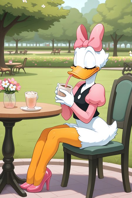 masterpiece, best quality, amazing quality, absurdres, daisyduck, solo, sitting, closed mouth, drinking, holding cup, relaxing, closed eyes, white plumage, white feathers, orange legs, pink ribbon, puffy sleeves, short pink sleeves, black shirt, pink stiletto heels, outdoors, cafe, park, grass, flowers
