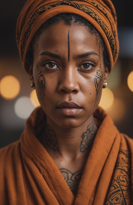 Portrait of a young african woman in a monk's robe,intense eyes,battle scars,tattoos,angry,looking into camera,high contrast,masterpiece,dramatic lighting,ultra realistic,colorful,depth of field,bokeh,cinematic,wide angle
