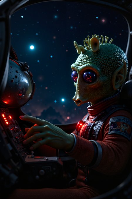 A hyper-realistic portrait, photorealistic photo close-up image of  A male Rodian starfighter pilot sits in the cockpit of his sleek A-wing, his hands gripping the controls as the stars blur into lines of light around him. His bright green skin is bathed in the glow of the cockpitâs control panels, while his sharp eyes focus intently on the swirling vortex of hyperspace outside. The tight, fitted flight suit he wears is adorned with patches of past battles, and his helmet, sitting beside him on the seat, is scuffed from countless dogfights. The hum of the engines vibrates through the ship, and the dim red lights inside the cockpit flicker in sync with the steady rhythm of the hyperdrive. His fingers tap on the control panel as he checks his coordinates, ensuring the ship stays on course through the vast emptiness of space. The pilot's antennae twitch with anticipation; a dangerous mission awaits at his destination, but he remains calm, steady, and prepared. Outside, the stars continue their endless dance, a reminder of the vastness of the galaxy and the tiny role he plays in its ongoing conflicts. The interior of the cockpit feels intimate, yet full of potential energy, ready to spring into action at any moment. (photography, high-resolution, dynamic, energetic,hyper-realistic, dramatic lighting, shallow depth of field.), detailmaximizer, MythP0rt<lora:midjourney_whisper_flux_lora_v01:0.55><lora:aidmaMJ6.1-FLUX-V0.1:0.4><lora:FluxMythP0rtr4itStyle:0.4><lora:detailed_flux_ntc:2.2><lora:aidmaImageUpgrader-FLUX-V0.1:0.65><lora:RODIAN_1:1.1>