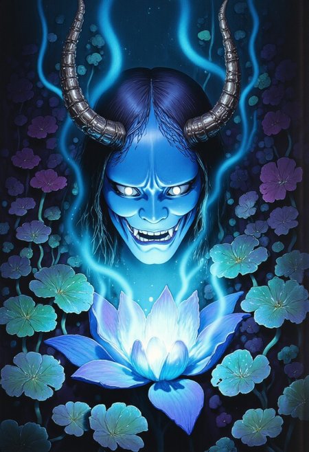 Studio Ghibli Dark Fairytale depicting a cursed hannya mask with horns and fangs blooming out of a blue lotus in a liminal bonsai garden with eerie radiating cyan and magenta miasma ghiblistyle