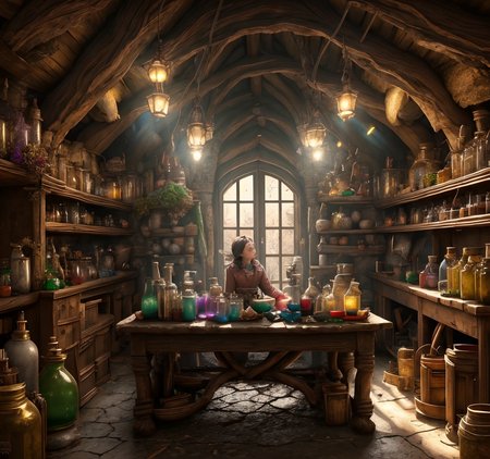 RAW photo, (masterpiece:1.3), subsurface scattering, heavy shadow, (high quality:1.4), (intricate, high detail:1.2), professional photography, HDR, High Dynamic Range, realistic, ultra realistic, photorealistic, high resolution, film photography, ambient lighting, atmospheric effects, <lora:detail_slider_v4:2>, OverallDetail,  <lora:Fantasy_Interior:1>, a female alchemist, cauldron, bottles, faninter, fantasy, indoors, potions, table, window