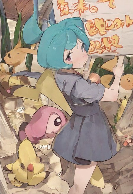 Beautiful girl , holding sign with text "need buzz", beautiful light.(Huging Pikachu with Pokemon) droopy masterpiece, best quality, very aesthetic