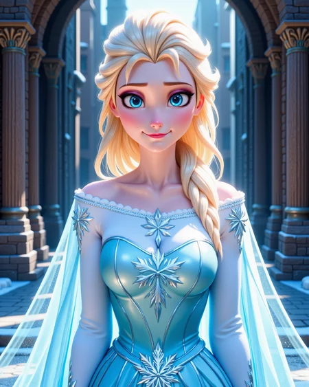 -looking at viewer, outdoors daylight, a 20 year old adult mature woman. smirking
<lora:Frozen_-_Elsa_v2_000030:1> f-elsa, blue eyes, blonde hair 
wearing an ice blue off-shoulder gown with sparkling snowflake patterns, sheer icy cape flowing from back
front view, passport style with upper body in frame