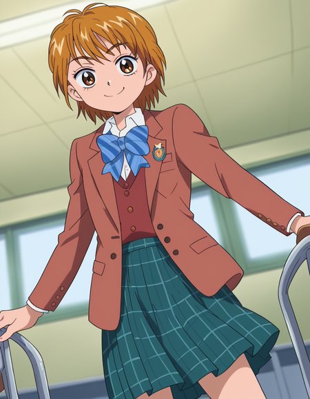 score_9, score_8_up, score_7_up, source_anime, <lora:nagisa-misumi-anime-ponyxl-lora-nochekaiser:1>, nagisa misumi, short hair, brown hair, brown eyes,, skirt, bow, school uniform, jacket, bowtie, blue bow, blazer, brown jacket, plaid, plaid skirt, green skirt, red blazer,, indoors, smile, looking at viewer, solo,, cowboy shot, dutch angle