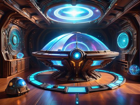 hyper detailed masterpiece, dynamic, awesome quality,DonMCr0wB4rXL celestial starship docking bay, holographic projector,bowls,invisibility cloak, cork flooring,weft interlock tapestry, bioluminescent organisms, under-cabinet lighting, robotpunk, made of crowbars <lora:DonMCr0wB4rXL-000008:1>