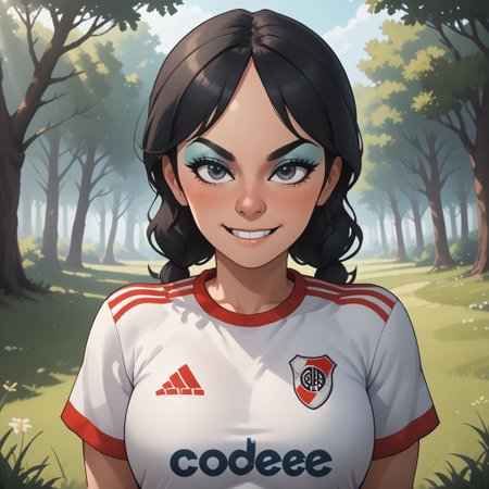 score_9, score_8, BREAK, solo, mii, wii, black hair, big nose, half-tree shaped nose, gray eyes, black eyebrows, makeup, blue eyeshadow, blush, buck tooth, RiverPlate, striped shirt, striped, shirt, white shirt, short sleeves, clothes writing, sportswear, soccer uniform, black leggings, big breasts, 1girl, wii sports, female mii, shoes, Eva_(\Wii_Sports\), Nintendo Mii, modern_mii, classic_mii, attractive, sexy pose, self portrait, smile, outdoors, sunlight, shadows, evening lighting, natural lighting, forest, trees, grass, orange sky, sunset
