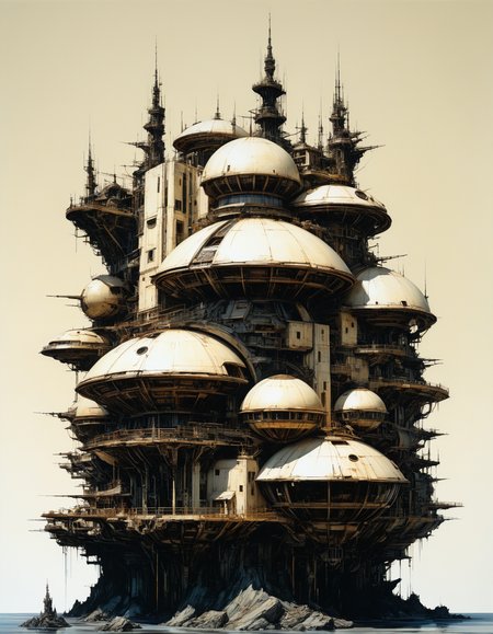 hyper realistic photograph of  a (complex architectural science fiction structure:1.4) by Bob Eggleton and Yoji Shinkawa, (glossy, ivory , masterful:1.4), medium full shot, poster art, bold lines, hyper detailed, expressive,  award winning,  dark limited color palette, high contrast, depth of field, (intricate details, masterpiece, best quality:1.4),
overexposure, looking at viewer, dynamic pose, wide angle view,
<lora:add-detail-xl:1> <lora:xl_more_art-full_v1:0.5>  <lora:NicolaSamori:0.5> in the style of nicola samori <lora:looking_at_viewer:2>