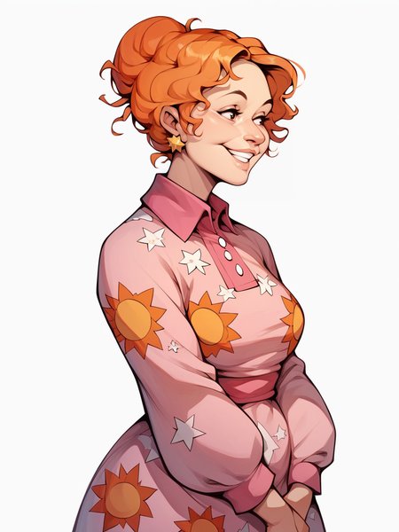 score_9, score_8_up, score_7_up, score_6_up, score_5_up,    <lora:msfrizzleXLP:0.8> ms frizzle, orange hair, 1girl, solo, smile, single hair bun, pink print dress, curvy, white background,
