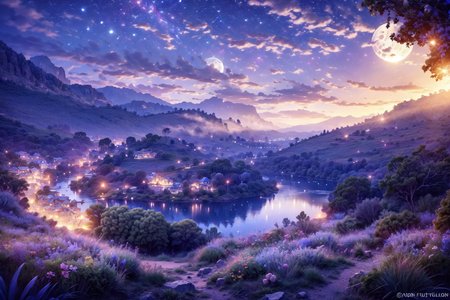 <lora:FantasyForest:1>, FanFo, blue pink forest, starry sky, small river, cute fairy , night:1.1, soft light, flowers, tress , rock, high mountain, valley , cloud, wide view, eagle eye view,
(masterpiece:1.2), (best quality,:1.2), 8k, HDR, ultra detailed, ((photorealistic)), professional light, cinematic lighting, fashion photography, ambient lighting, fantasy,
 <lora:Night scene_20230715120543:0.65>, cozy , full moon ,
