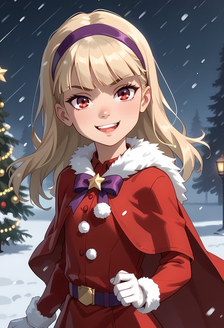 score_7, score_7_up, score_9, score_9_up, BREAK, DC_Justice, 1girl, blond hair, red eyes, purple hairband, , smug smile,  arched back, cowboy shot, solo,  , (portrai shot, upper body), happy, looking at viewer, upper teeth, looking at viewer,  christmas, fur trim, red capelet, red dress, fur-trimmed dress, long sleeves, white gloves, snowing, outdoors,child