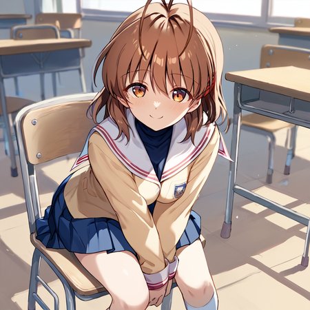 score_9, score_8, score_7_up, 1 girl,smile,  classroom
chair,
<lora:furukawa-nagisa-xl:1> furukawa nagisa, ahoge, clannad school uniform with blue turtleneck, blue skirt, white socks, brown hair, looking at viewer,on chair,sitting_on_chair, sitting, 
school desk