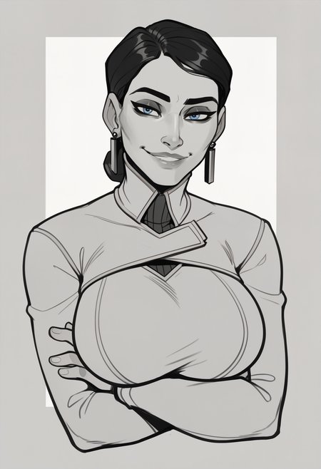score_9, score_8_up, score_7_up, score_6_up, 1girl, <lora:volskayaOW-ponyxl-beta3-10:1>, mature female, single hair bun, earrings, makeup, seductive smile, parted lips, smirk, white clothes, upper body, portrait, outside border, turtleneck, huge breasts, crossed arms, arms under breasts, bent over, presenting,  <lora:Lineart_sketch_v1_USENEG:-0.8> lineart, sketch, monochrome, <lora:incase_style_v4:0.4>, black hair, blue eyes, simple background, doodles, sketchbook,