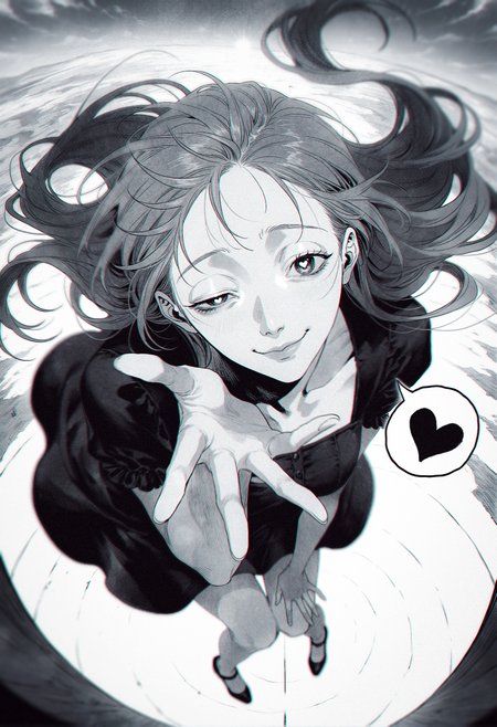 by mzet, by m omoo,  (realistic greyscale manga\(theme\), linear hatching, hatching \(texture\):1.1), ultra-detailed shot by fujimoto tatsuki \(style\), (brutal, cruel,:1.2),
very awa, masterpiece, highres, absurdres, newest, year 2024, year 2023, 
1girl, inoue orihime , reaching towards viewer, open hand, hand down, half-closed eyes, yandere, one half-closed eye,  smug, closed mouth, (close-up face:1.2), leaning forward,  black dress, head tilt, 
nose, lips, midair, knees together feet apart, heart-shaped pupils, spoken heart, 
(perspective, dutch angle:1.5), 
(ground, from above:1.3), depth of field, vanishing point, sky, floating hair, flying, 
 illustration, ultra-detailed textures, 
<lora:takayanagi_katsuya:0.45>, <lora:lora:0.5>,