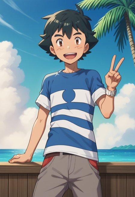 score_9, score_8_up, score_7_up, source_anime, highly detailed, slender, skinny,
ashsm, 1boy, z-ring, smile, open mouth. shirt, male focus, striped shirt, striped, brown eyes,
black hair, pants, t-shirt,  short sleeves, bangs, standing, looking at viewer, grey pants, upper body, v sign,
outdoor, sky, day, palm tree, ocean