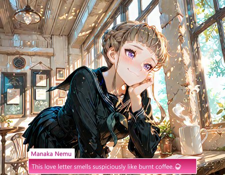 nsfw, highres, best quality, masterpiece, safe pos, masterpiece, best quality, amazing quality, very aesthetic, absurdres, newest, volumetric lighting, holographic colors, cute, gradient colors, 4k, hd, ultra detailed, sfw, usnr, gbf style, , ambient occlusion, raytracing, soft lighting, bloom effect, absolutely eye-catching, intricate cinematic background, \(beautiful face\), 
BREAK 
,
photo realistic, very aesthetic, scenery, 
BREAK
,
Smiling, happy, blushing, flustered, shy, awkward smile, hand on own cheek, holding love letter, heart on letter, looking at viewer, eye contact, 
BREAK 
,
Cafe background, table, steamy mug, sunlight though window, sunlight, cafe, 
dynamic angle, intricate light, Manaka Nemu, light brown Braided hair, Purple eyes, Medium breasts, Sidelocks, Long sleeves, Black serafuku with neckerchief, Black pleated skirt, Black thigh-highs, Breast pocket, Manaka Nemu, braided hair, purple eyes, medium breasts, sidelocks, long sleeves, black skirt, black serafuku, neckerchief, black thighhighs, breast pocket