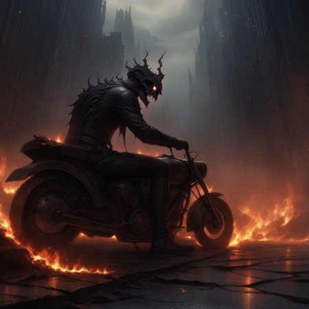 Dark Fantasy Art, Dark Moody Atmosphere, dramatic, mysterious, dark moody atmosphere, dark, moody, dark fantasy style, realistic anime,
BREAK,
Ghost Rider rockets up the skyscraper, his flaming motorcycle scorching a fiery path over glass and steel,
BREAK,
His skull, engulfed in hellfire, casts a sinister, flickering glow, with empty eye sockets seething with vengeful fire,
BREAK,
Flames curl around his skeletal form, his leather jacket and pants seared and frayed, smoldering as he rides,
BREAK, 
sitting on his bike, (((cracked roadway))), cracked road, skull, from side, low angle shot, close up shot, detailed afce, detailed skull,