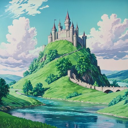<lora:30sTechnicolorMovieV2SDXL:1> ArsMovieStill, movie still from a 1930s technicolor movie, The image shows a painting of a castle perched atop a hill surrounded by a river a bridge a group of trees plants grass the hills and a cloudy sky., no humans, tree, scenery, outdoors, sky, day, castle, water, blue sky, grass