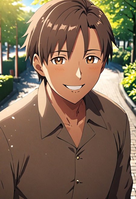 high resolution, solo, best quality, 1Boy, Takaki Toono, Brownish Hair, Brown Eyes, Looking at viewer, happiness, depth of field, half body, outdoor, OverallDetail