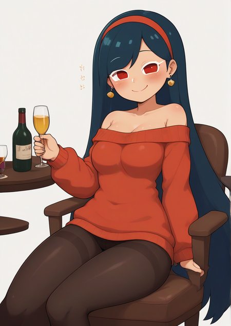 1girl,alcohol, bare shoulders, black hair, bottle, brown pantyhose, champagne, drink, drunk, earrings, hairband, holding, holding bottle, jewelry, long hair, long sleeves, off-shoulder sweater, off shoulder, on chair, pantyhose, red eyes, red sweater, sitting, sitting sideways, smile, solo, spill, sweater, whiskey, white background, wine bottle <lora:CoolBeetMan:1>