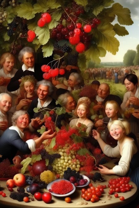 <lora:Jan Brueghel Style:1>Jan Brueghel Style - Very big salad of Currant Almond Chokeberry Cornelian cherry Common bergamot plant Honey berry Japanese kwee 6 people having picknick around table in foodforrest high quality high detail in style of 1750 dutch royalty