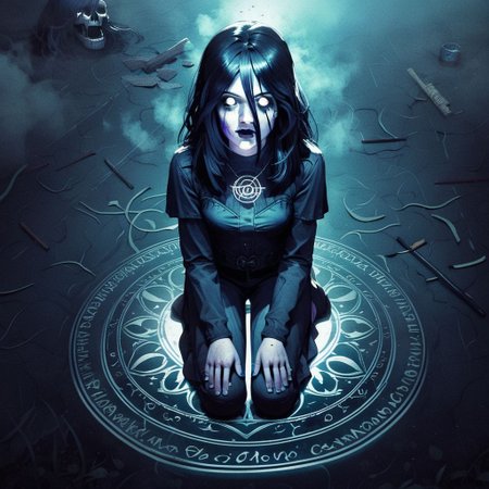 score_9, knva, 1girl, Sable Ward, on knees, chalk circle, performing a magic ritual, white eyes, possessed, horror, fog,