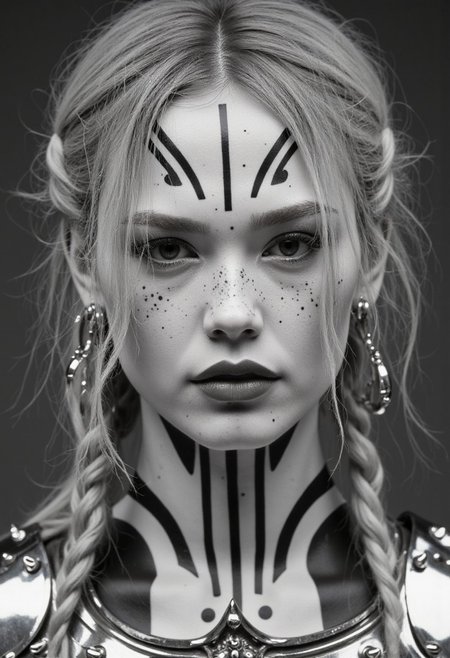 This is a high-resolution, black and white photograph of a european female Knight with an otherworldly, futuristic aesthetic. She has a light skin tone with a scattering of freckles across her face and a striking, tribal-inspired body paint or tattoo. The paint covers her face and neck, forming intricate geometric patterns and abstract designs, she IS wearing a silver polished spikey pauldron. Her hair is blonde and braided in a messy, loose style, with a few strands falling around her face. She wears large, circular ear gauges in her ears, which add to the edgy, avant-garde look. The background is a plain, gradient grey, ensuring all focus remains on her face and body art. The texture of the tattoos appears smooth and glossy, blending seamlessly with her skin. Her expression is neutral, with slightly downturned lips and a serene, almost detached demeanor, contributing to the overall eerie, alien-like atmosphere. The photograph is shot with high contrast and sharp focus, emphasizing the stark, geometric patterns.