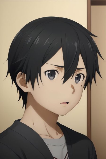 high resolution, solo, best quality, 1Boy, Kazuto Kirigaya, portraits, Black Hair, Black Eyes, surprised, peeking out, OverallDetail
