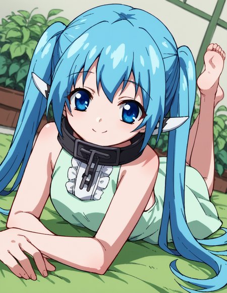 score_9, score_8_up, score_7_up, source_anime, <lora:otoshimono-nymph-s2-ponyxl-lora-nochekaiser:1>, nymph, long hair, blue eyes, twintails, blue hair, collar, chain,, dress, green dress, center frills, sleeveless,, gardening, watering plants, backyard, flowers blooming, sunny day, smile, <lora:the-pose-ponyxl-lora-nochekaiser:1>, the pose, on stomach, feet up, lying, soles, feet, legs up, head rest, barefoot, looking at viewer, solo,, dutch angle, cowboy shot