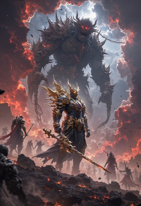 A powerful hero, clad in gleaming, organic armor that shifts like living metal, stands ready for an epic battle. His mask has glowing eyes, and jagged, ethereal wings extend from his back. He grips a massive spear crackling with arcane energy. Around him, a squad of similarly armored warriors fight side by side, wielding weapons that pulse with light. In the distance, a towering, grotesque giant with rocky skin and multiple arms wields colossal chains, tearing through the battlefield. The ground cracks and burns beneath him as smaller creatures swarm the heroes. The sky is a violent swirl of crimson clouds, lightning, and falling debris from shattered floating fortresses, giving the scene a chaotic yet grand backdrop.