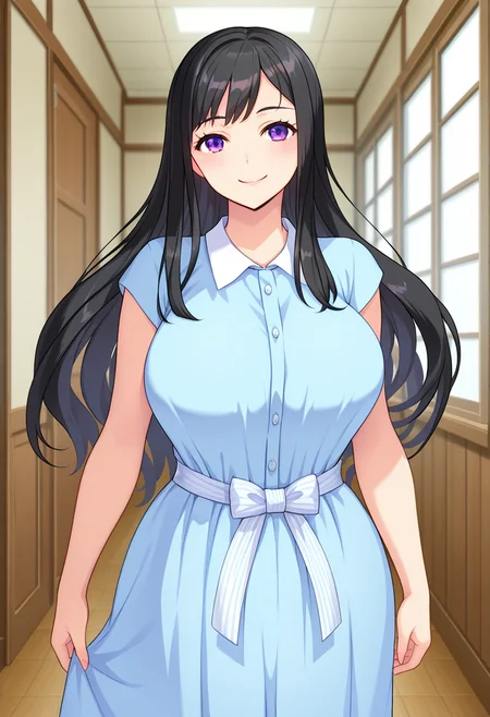 masterpiece, best quality, amazing quality, absurdres, 1girl, solo, cowboy shot, yurikoww, mature female, purple eyes, black hair, long hair, large breasts, blue sundress, belt bow, short sleeves, white sandals, looking at viewer, smile, indoors, day, skindentation, detailed clothing folds, depth of field, sharp, high contrast, dynamic light <lora:Ootori_Yuriko_Saaya_Shinsou_Noise_ill:0.8>