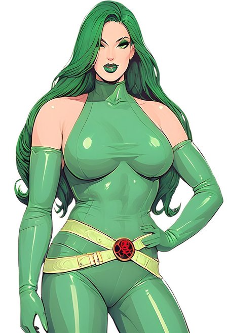 Bo Wei Style, score_9, score_8_up, score_7_up, very detailed, highly detailed texture, detailed face, high res, 
1girl, Madame Hydra, 1girl, solo, long hair, green bodysuit, skin tight, breasts, bare shoulders, belt, elbow gloves, green boots, long hair, green hair color, eyes open, full body, posing, green lipstick, plump lips, kiss face