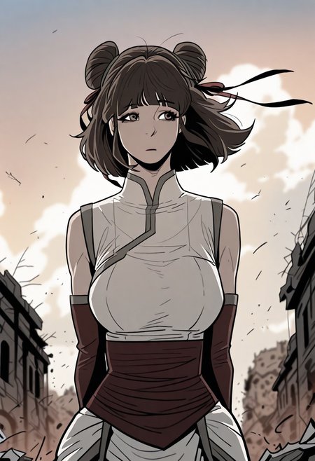 masterpiece, best quality, amazing quality, very aesthetic, miryeo, outfit1, double hair bun, short hair, blunt bangs, hairband, hair ribbon, gloves, elbow gloves, fingerless gloves, sleeveless,standing, wind, arms behind back, stretching arms behind back, leisure walk, looking away,, cinematic atmosphere, high contrast, blurry background, outdoors, ruin realm, clouds, destroyed world, reuined buildings floating in the sky, waterfalls in the sky,