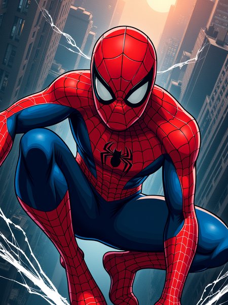 Poster Design Concept: "Spider-Man: Web of Dreams"
Overall Style:

Vibrant Red and Blue Comic Book Aesthetic: The poster will feature a classic comic book style, with bold lines and vibrant colors, capturing the essence of Spider-Man’s iconic look.
Key Elements:

Spider-Man as the Central Figure: Spider-Man will be depicted in a dynamic web-slinging pose, showcasing his agility and strength.
Expressive Mask: The mask will be rendered with glossy highlights, emphasizing his determined eyes and creating an air of mystery.
Webbing Effect: The background will feature intricate webs woven throughout the design, symbolizing his connection to the city and his role as a protector.
Background Design:

Urban Cityscape: The backdrop will be a stylized version of New York City, with skyscrapers and rooftops, rendered in a mix of dark blues and blacks to create depth.
Dynamic Action Elements: Incorporate elements like swooping lines and motion blurs to suggest movement, giving a sense of speed and excitement as Spider-Man swings through the city.
Color Palette:

Bold Red, Blue, and Black: Use vibrant reds and blues for Spider-Man’s suit, contrasted with darker shades for the cityscape, creating a striking visual balance that draws the eye.
Overall Effect:
This poster will transform Spider-Man into a symbol of heroism and resilience, set against the backdrop of a bustling city. The comic book style and vibrant colors will create a visually engaging image that resonates with fans of all ages, embodying the themes of responsibility, courage, and adventure that define Spider-Man’s character. The design aims to capture the essence of the superhero genre while celebrating Spider-Man’s enduring appeal and popularity.