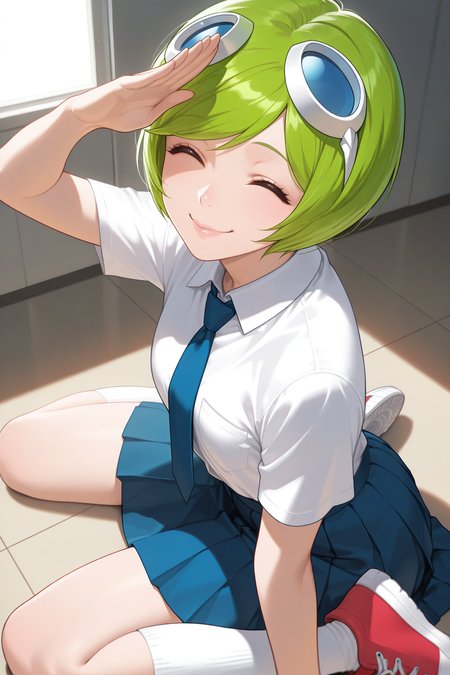 masterpiece, best quality, 1girl, solo, <lora:kunamashiro-illu-nvwls-v1:1> knmshir, green hair, short hair, lips, blue goggles on head, white shirt, short sleeves, collared shirt, blue necktie, blue skirt, pleated skirt, socks, sneakers, indoors, wariza, on ground, looking at viewer, closed eyes, ^_^, happy, smile, looking at viewer, salute