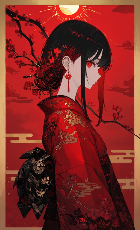 masterpiece, best quality, good quality, very awa, newest, highres, absurdres, 1girl, solo, long hair, looking at viewer, black hair, red eyes, closed mouth, jewelry, upper body, flower, multicolored hair, sidelocks, earrings, red hair, japanese clothes, cloud, kimono, from side, profile, border, floral print, red background, branch, sun, print kimono, red theme, egasumi, limited palette, <lora:illustriousXL_stabilizer_v1.23:0.3> <lora:NOOB_vp1_detailer_by_volnovik_v1:0.3> <lora:ponyv6_noobE11_2_adamW-000017:0.3> <lora:114558v4df2fsdf5:0.6> <lora:XXX667:0.4> <lora:mon_monmon2133:0.5>