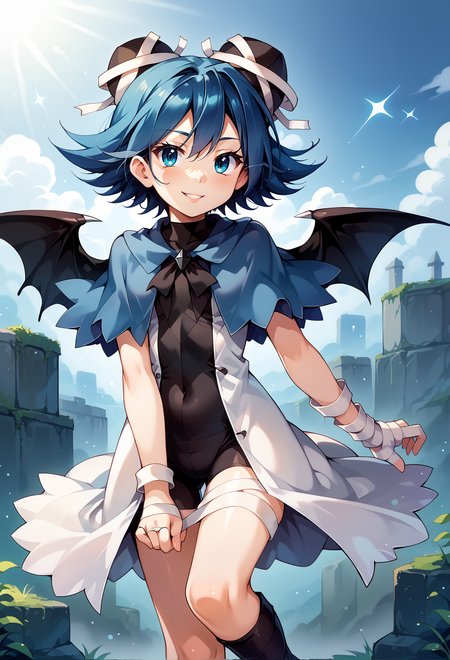 score_9, score_7_up, source_anime, BREAK <lora:kamiya_yuu-Style-PonyXL-GLoRA:0.75> solo,  <lora:Serene-Pony150per16Dim:1> serene_riviera, short_hair, blue_capelet, wings, white_coat, black_bodysuit, black_headwear, bandages, std_outfit, smile,