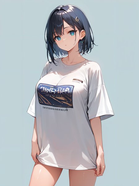 score_9, score_8_up, score_7_up,source_anime, high res image,masterpiece,best quality,(girl,big breasts:1.0),cute face,clear skin,shiny hair,ultra detailed eyes,simple background,  <lora:oversized shirt_pony_V1.0:0.8> oversized shirt