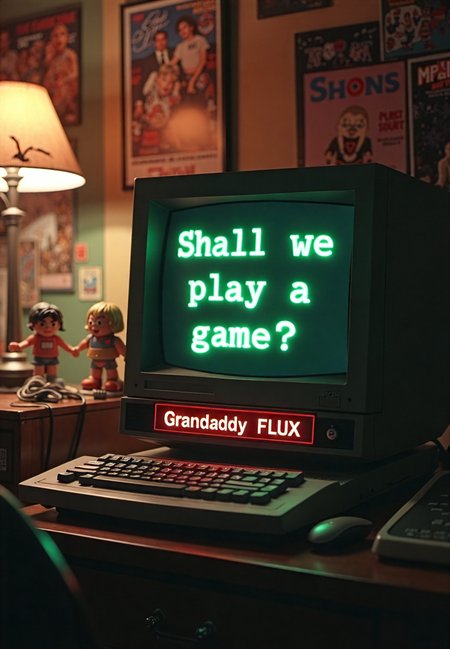 the image is a movie scene from the 1980s, shot is centered on a vintage desktop computer screen, the screen is black and in green-matrix-style font it reads "Shall we play a game?",a large nameplate across the bottom of the computer reads "Grandaddy FLUX" in bold font. The room around the scene is a dark and cluttered bedroom of a college student with movie posters and collectible action figures, the lighting is focused on the desktop and the computer screen. the air is smoke filled
