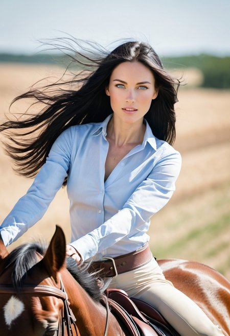 Creates an ultra-realistic outdoor daytime image, photographed with a 55 millimeter lens, of a beautiful woman with long black hair, light blue eyes, wheat-colored skin, and a slim model. riding a horse, with complete mastery, the woman is dressed in riding clothes, captured in motion with motion blur.