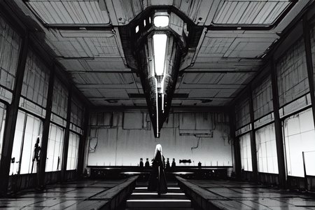 highly insanely detailed, masterpiece, top quality, best quality, highres, 4k, 8k, RAW photo, (very aesthetic, beautiful and aesthetic),  
tsutomu nihei,nihei_tsutomu,blame!,blame gakuen!,abara,TNstyle,sidonia_no_kishi,(giant room,space,spacecraft,lab,hangar,sidonia \(ship\),mausoleum),dome,lantern,cyberpunk,biomachine,bioluminescence,no human,decrepit,vast scenery,perspective,empty,dystopia,destroyed,dark background,open space, 
<lora:blameLora_v10:0.6>, 
(1girl:1.3), 
solo focus, 
Grooming Area,Elegant space with polished ebony mirrors reflecting flickering candlelight,intricately carved wooden stools arranged neatly around a central basin,jars of fragrant oils and cosmetics neatly arranged on shelves,and servants standing by with combs and brushes,blonde background,âââ