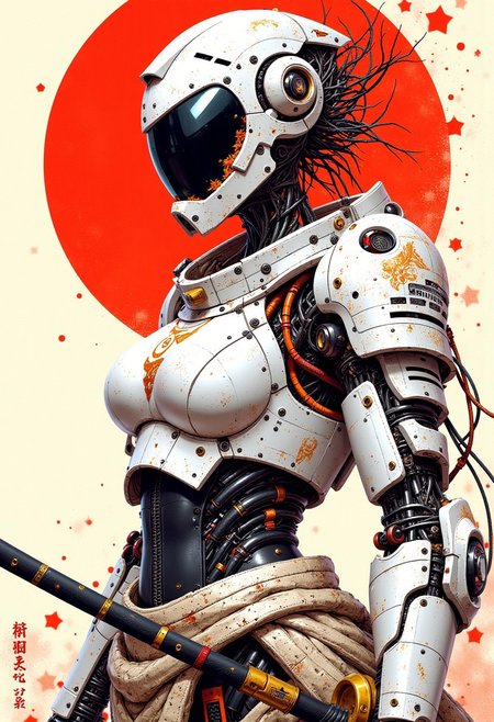 mythp0rt, traditional japanese art style, ink on paper, wabi-sabi, henna and carmine, sepia, BREAK, cyberpunk robot samurai woman, robot face with mirrored face shield, hyperdetailed helmet, white and neon armor, robot joints, body made of metals, cables and wires, holding a katana by the hilt, red sun