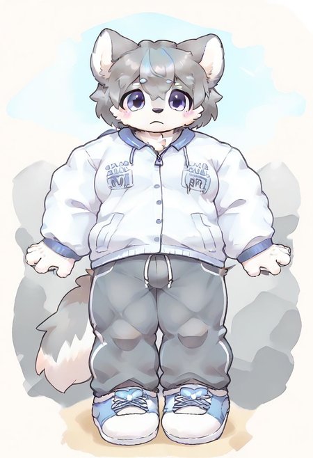 furry, anthro, cute, kemono, male focus, solo, score_9, score_8_up, male, full body, digital art, highly detailed, lv1rubili, full body, looking at viewer, full view, muscular grey wolf, hyper pecs, hyper muscle, big pecs, big muscle, wear jacket, wear clothes, muscular, concerned look, no background, wear trousers