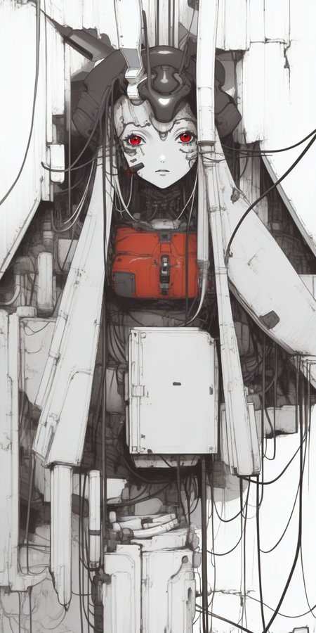 (masterpiece, best quality),bust,heavy black and white, dim light,cyborg,1girl,standing,tubes and cables,Reisen,looking at viewer,long hair, red eyes,wall,<lora:Blame!:1>,