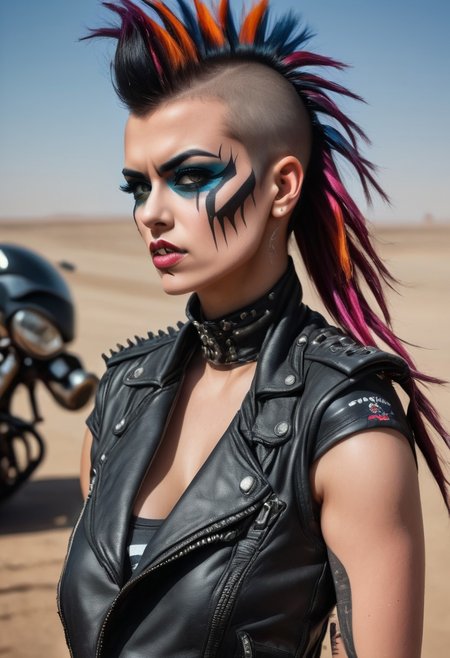 NovaBiker, 1girl, Mohawk, makeup, biker, leather