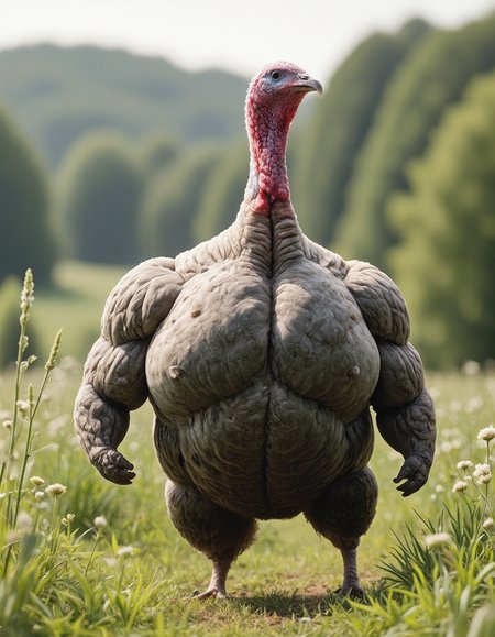 anthroid turkey walking in the farm meadow on a beautiful spring day