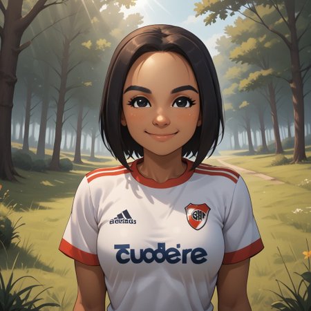 score_9, score_8, BREAK, solo, 1girl, black hair, black eyes, black eyebrows, blush, dark skin, dark skin female, RiverPlate, striped shirt, striped, shirt, white shirt, short sleeves, clothes writing, sportswear, soccer uniform, breasts, Yunyun_(Wii_Sports), cute, tall, thin, skinny, sexy pose, self portrait, smile, outdoors, sunlight, shadows, evening lighting, natural lighting, forest, trees, grass, orange sky, sunset