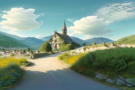 ultra detailed, no people, street view, balcony, city in the mountains, old houses, sunny, clouds, panorama, flags, churches, brown roofs, flowers