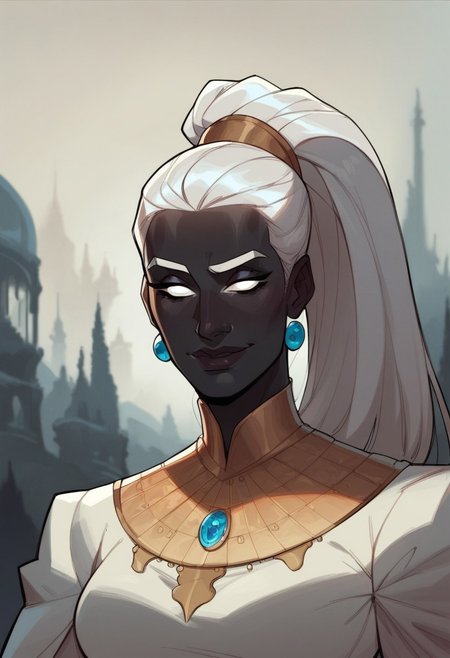 score_9, score_8_up, score_8, score_7_up, score_7, score_6_up, score_6, score_5_up, Score_5,human female, obsidian black skin, onyx black skin, round eyes, white eyes, small eyes, beautiful face, aesthetic face, narrow face, narrow nose, long nose, round ears, white eyebrows, long white hair, high ponytail, very tall, curvy, elegant, royal, aristocratic, majestic, chin up, seductive smile, slender. Silver jewelries. White jewelries. Blue jewelries. Lots of jewelries. White bracers, tight white dress,, vox machine style, 1girl, female focus, solo, portrait,   background of snow-covered landscape, fantasy, (dynamic lighting:1.1)
((masterpiece))